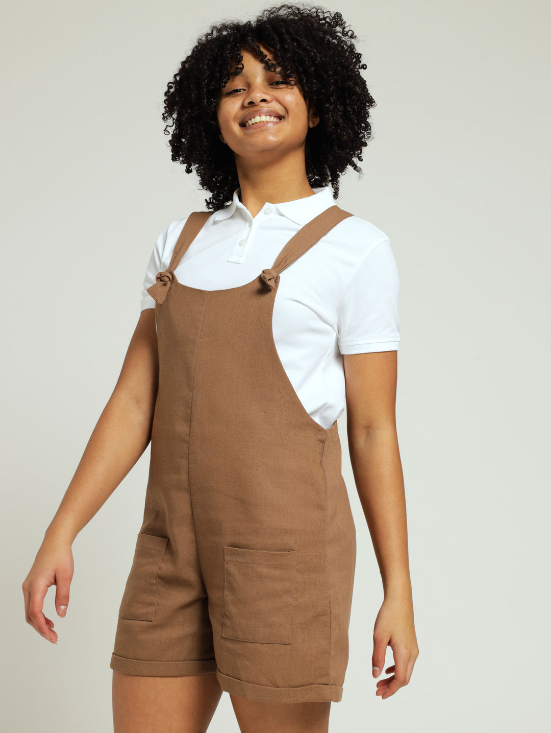 Girls Linen Dungaree - Brown