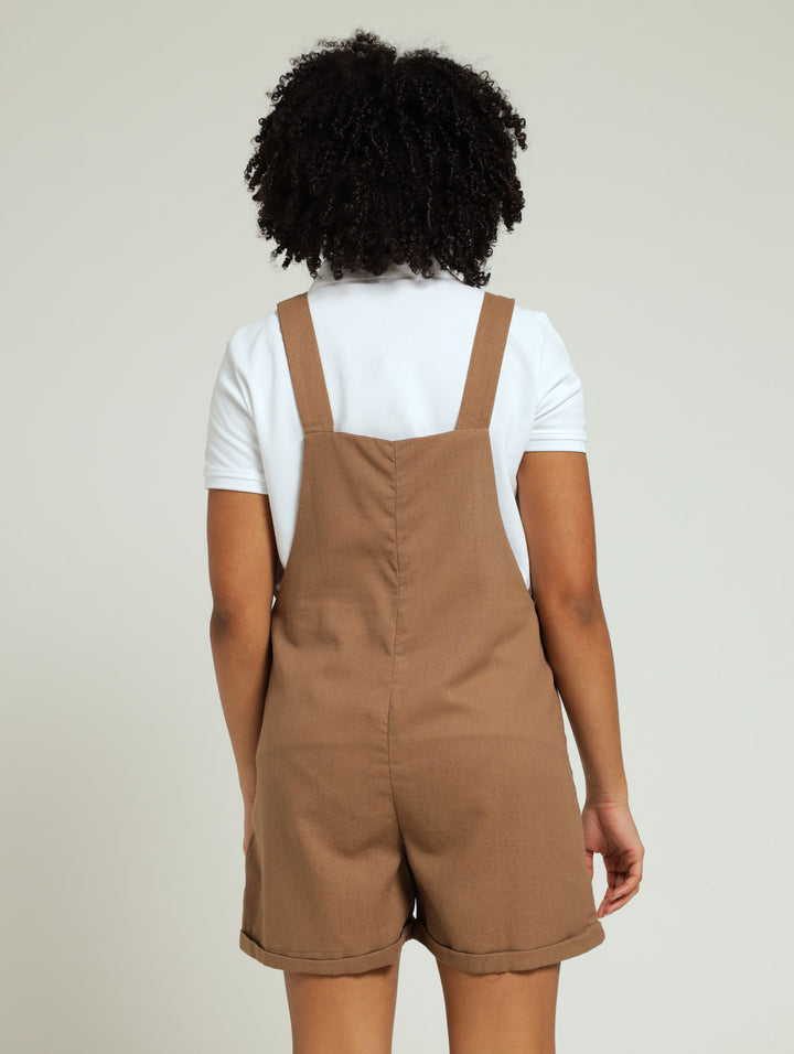 Girls Linen Dungaree - Brown