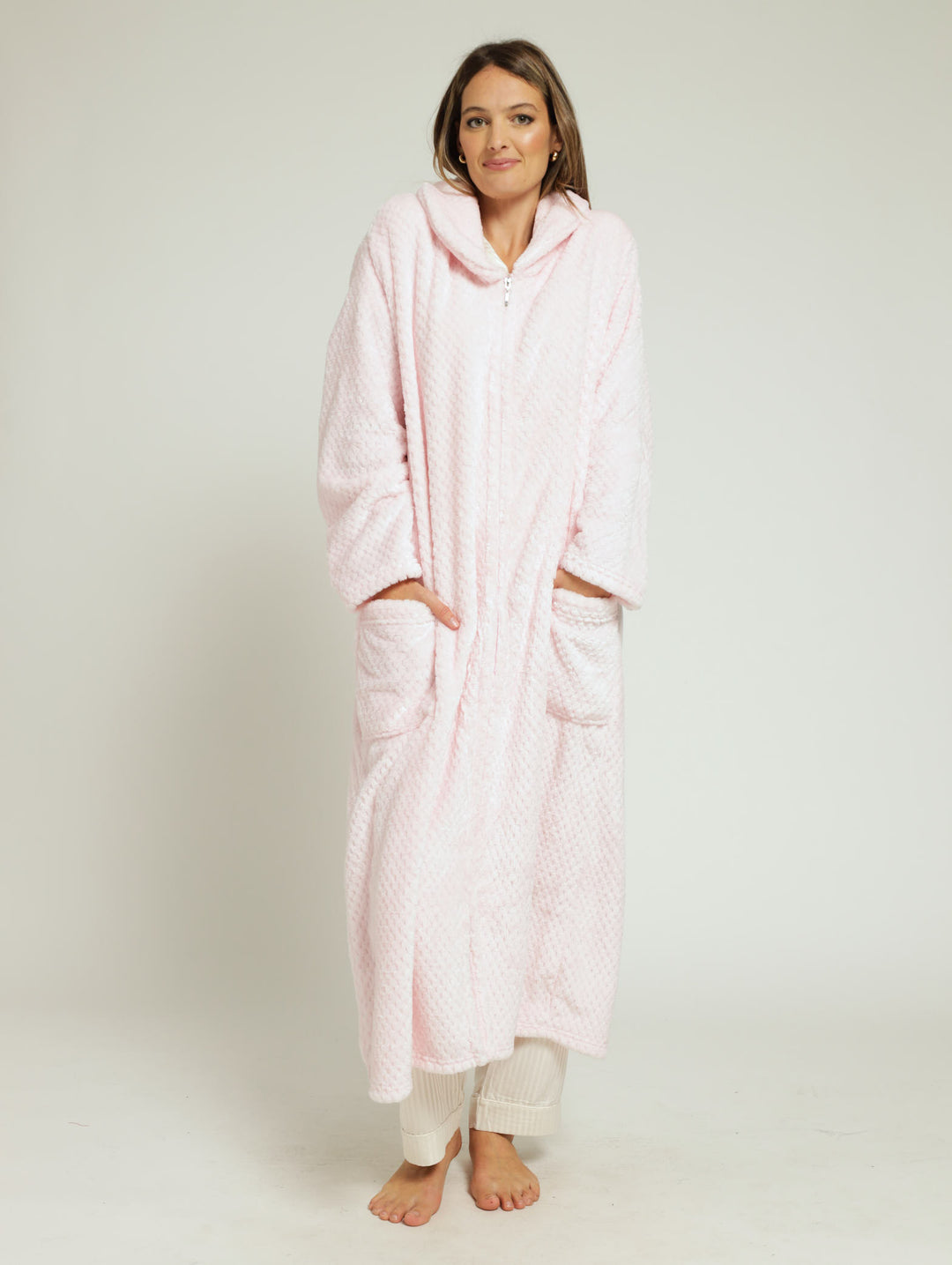 Shawl Collar Waffle Zip Through Gown - Pink