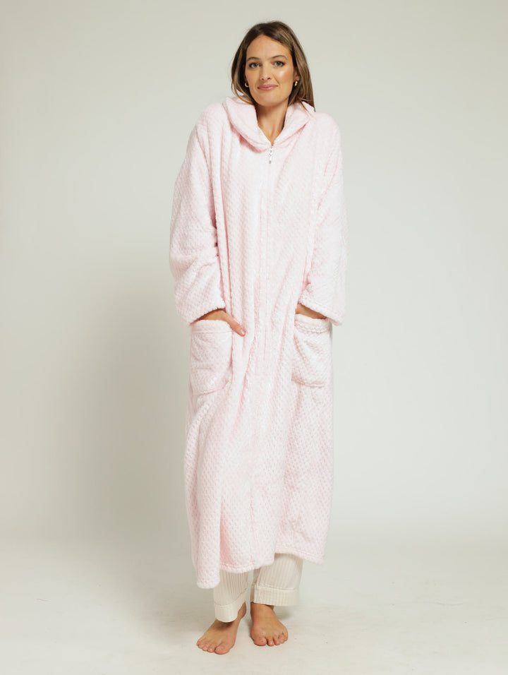 Shawl Collar Waffle Zip Through Gown - Pink
