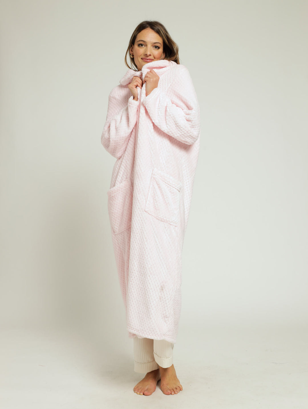 Shawl Collar Waffle Zip Through Gown - Pink