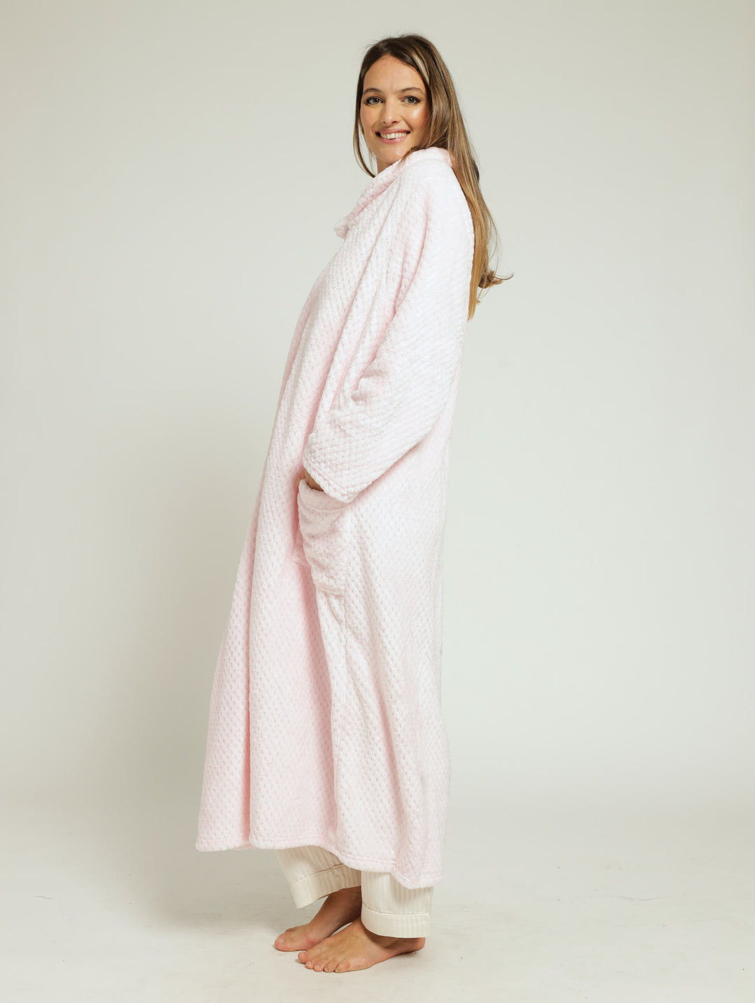 Shawl Collar Waffle Zip Through Gown - Pink
