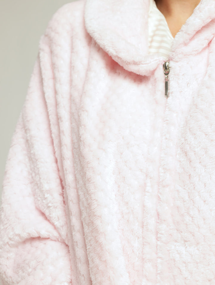 Shawl Collar Waffle Zip Through Gown - Pink