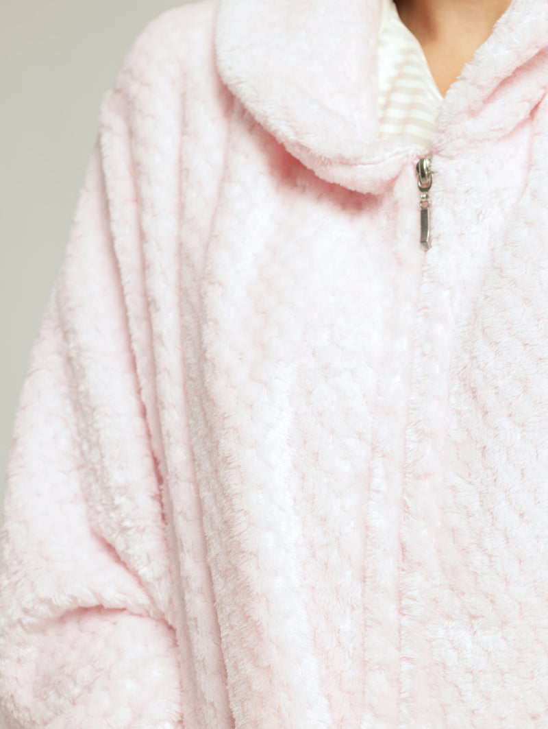 Shawl Collar Waffle Zip Through Gown - Pink