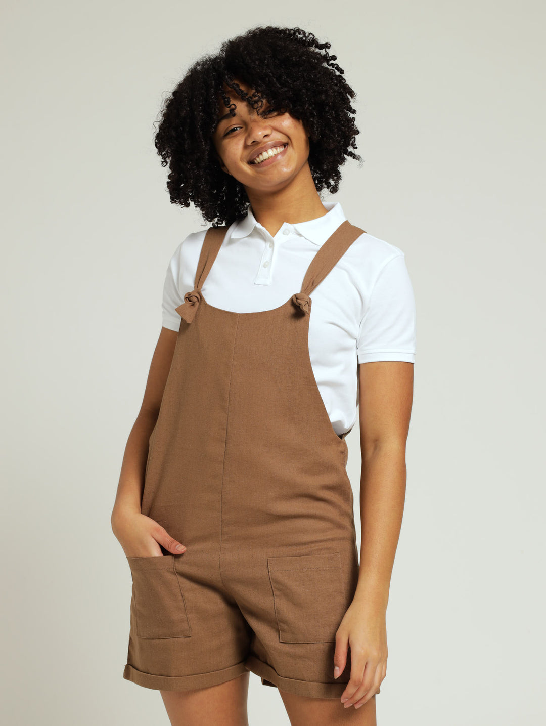 Girls Linen Dungaree - Brown
