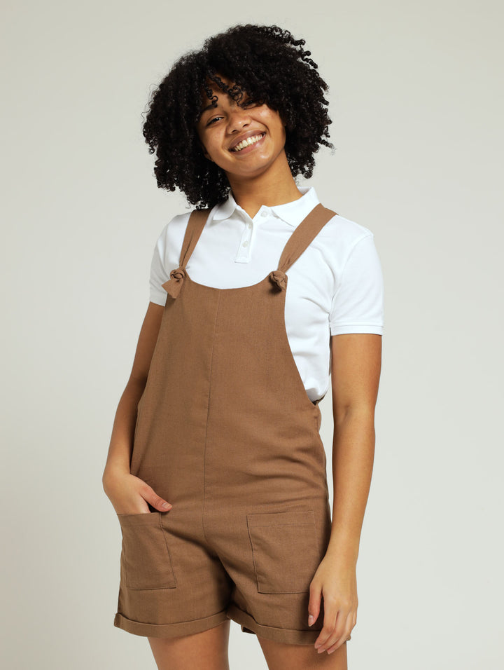 Girls Linen Dungaree - Brown