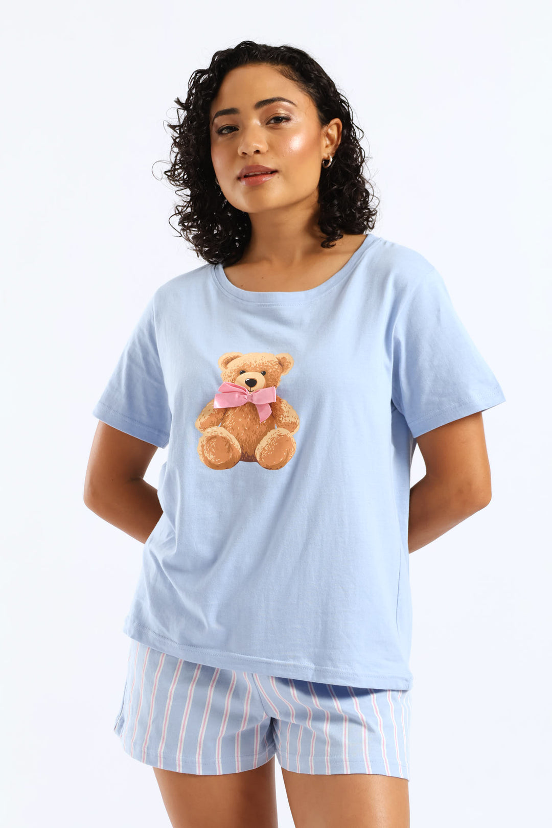 Teddy Bow Knit Short Set - Blue