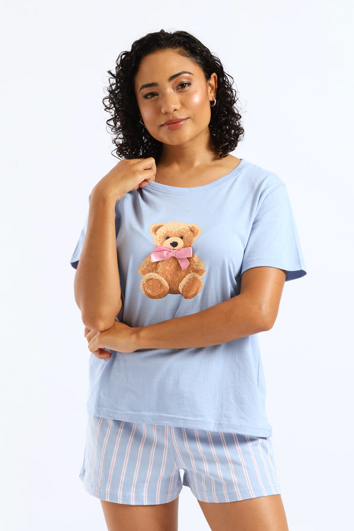 Teddy Bow Knit Short Set - Blue