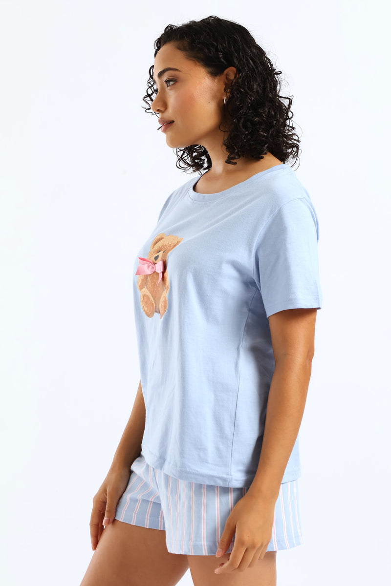 Teddy Bow Knit Short Set - Blue