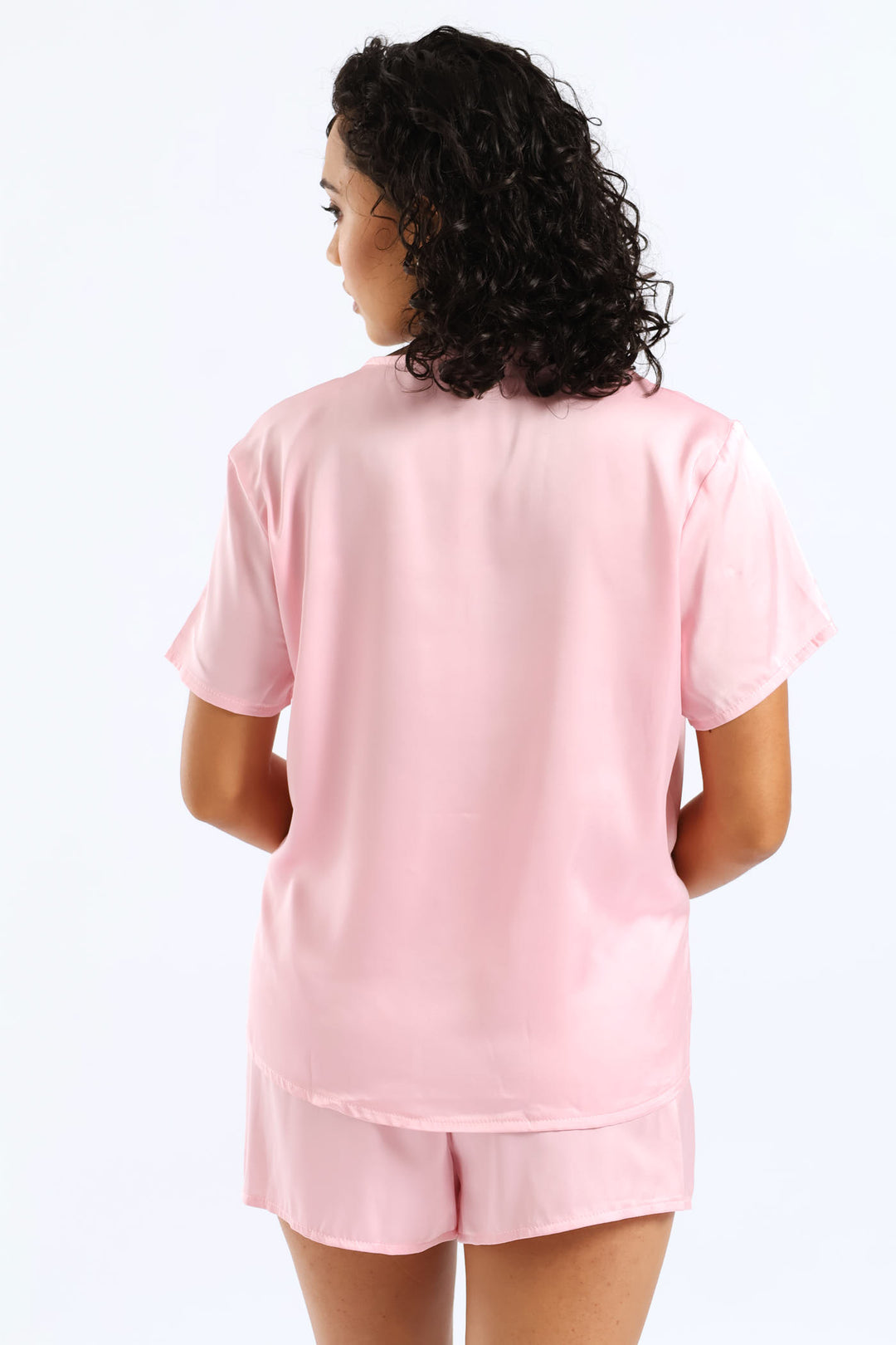 Tie Front Top & Satin Short Set With Scrunchie - Pink