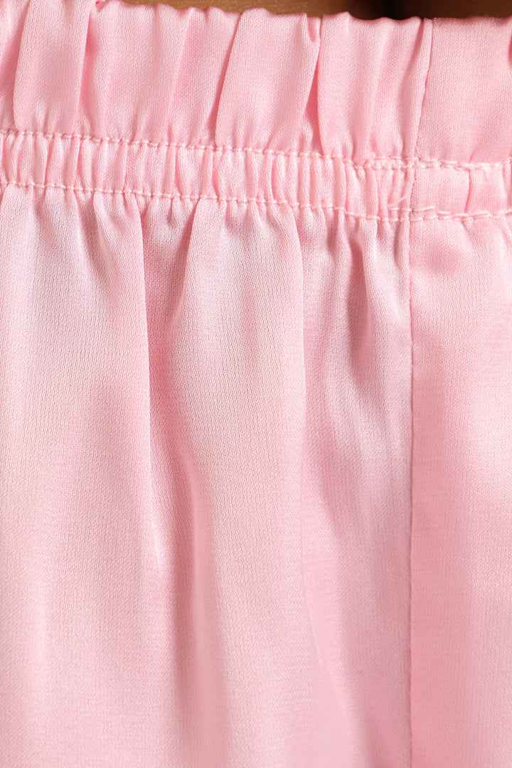 Tie Front Top & Satin Short Set With Scrunchie - Pink
