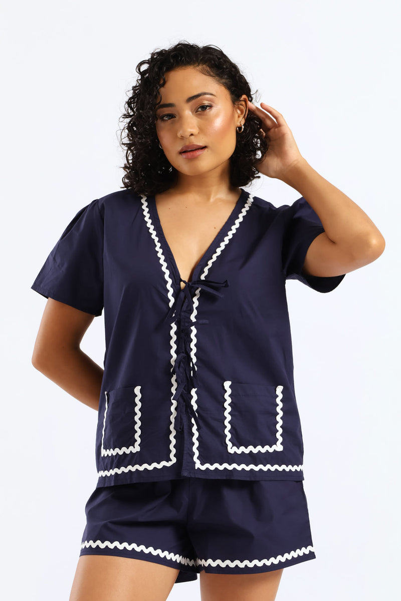 Tie Front Detail Sleep Set - Navy