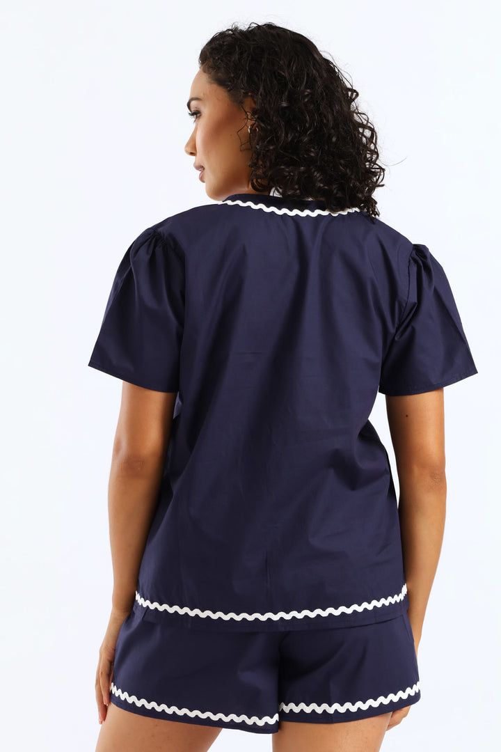 Tie Front Detail Sleep Set - Navy