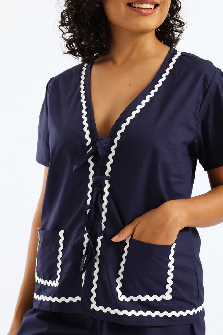 Tie Front Detail Sleep Set - Navy