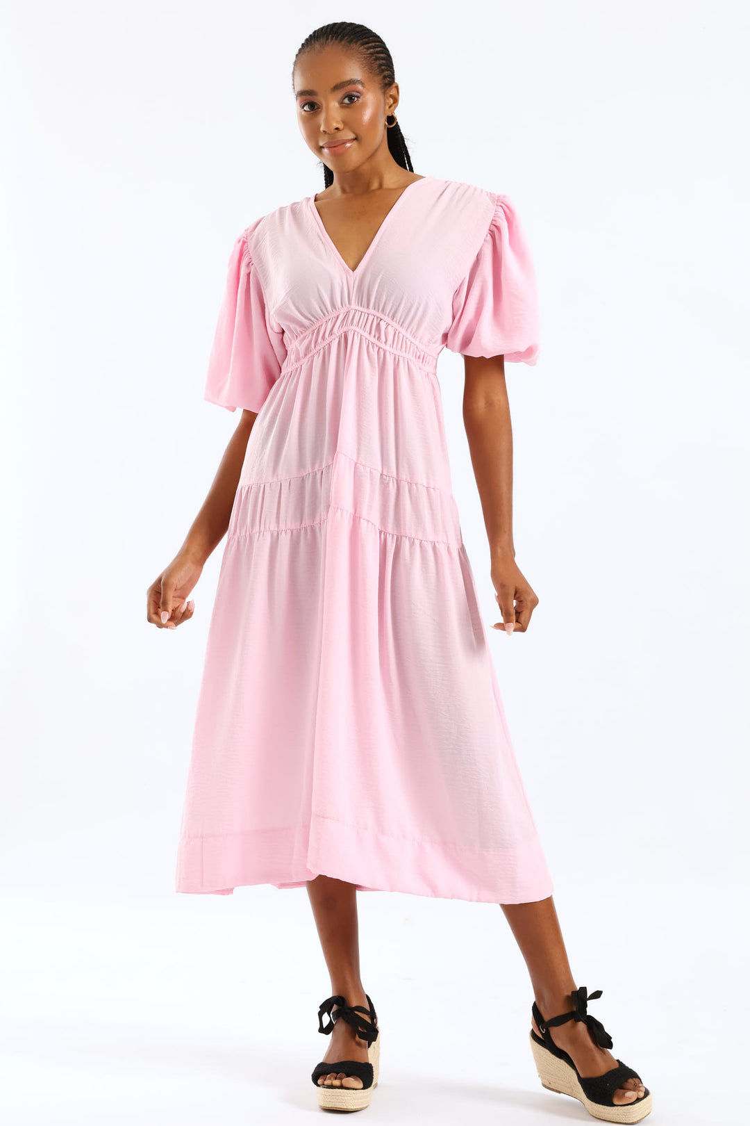 Bubble Sleeve V-Neck Tiered Midaxi Dress - Ice Pink