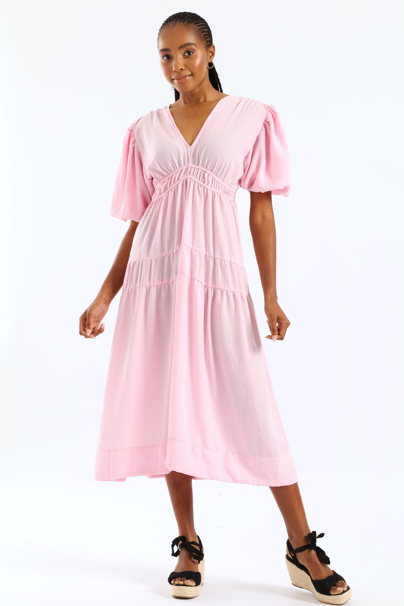Bubble Sleeve V-Neck Tiered Midaxi Dress - Ice Pink