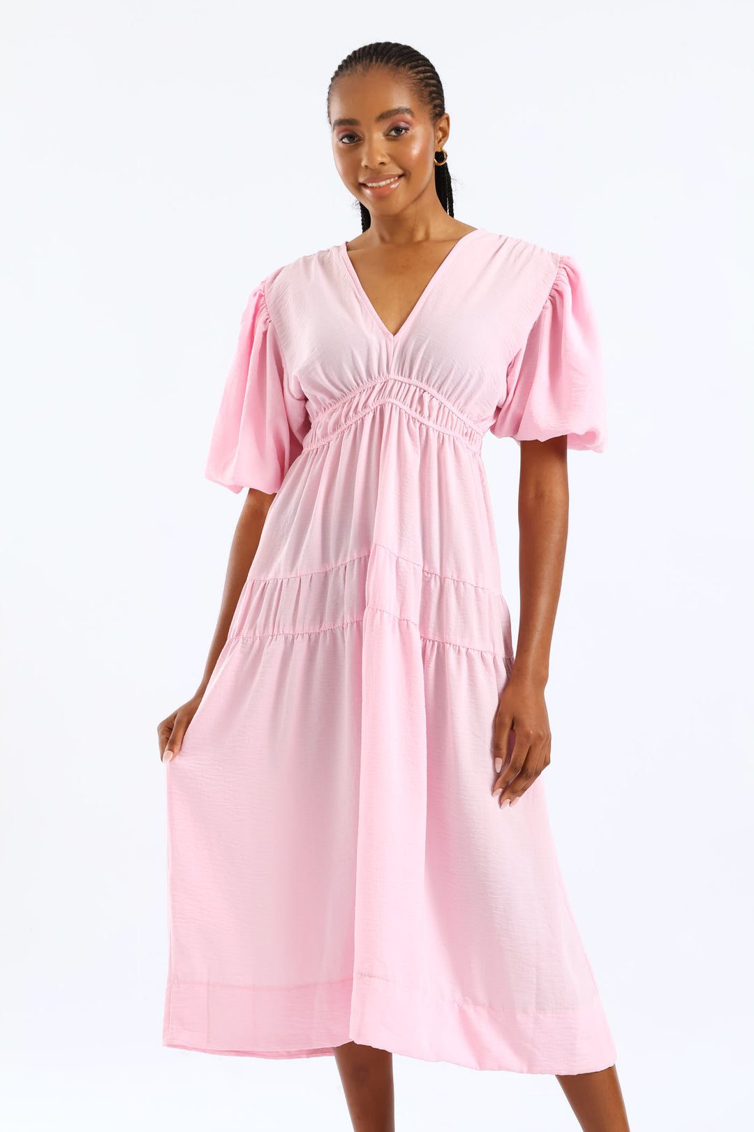 Bubble Sleeve V-Neck Tiered Midaxi Dress - Ice Pink