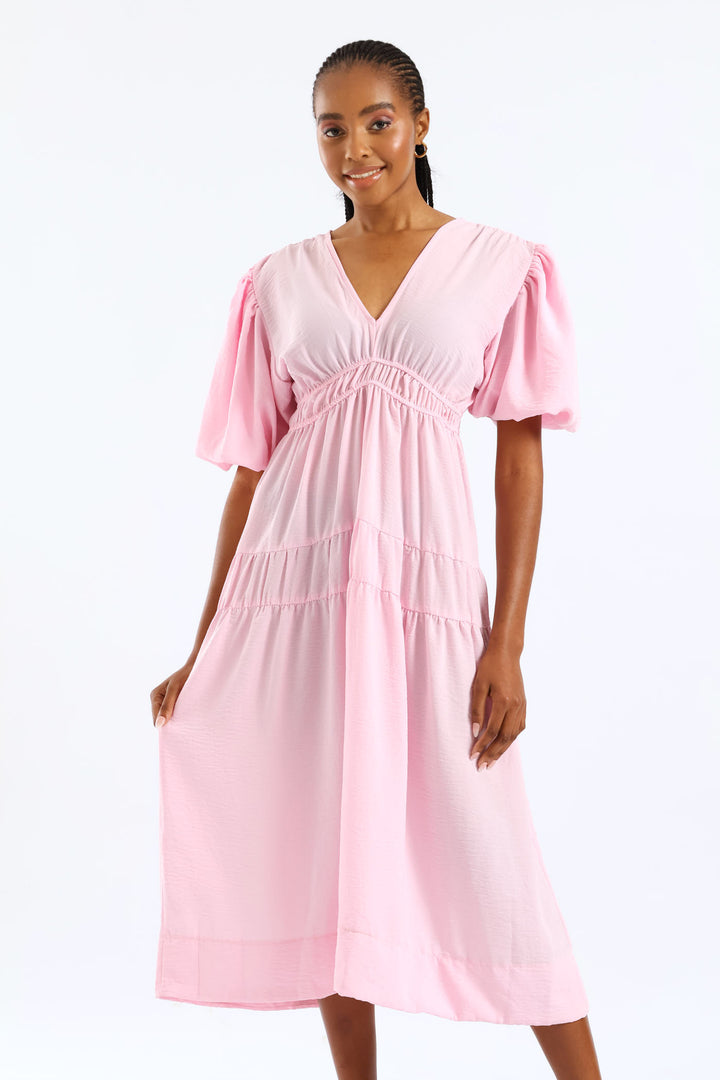 Bubble Sleeve V-Neck Tiered Midaxi Dress - Ice Pink