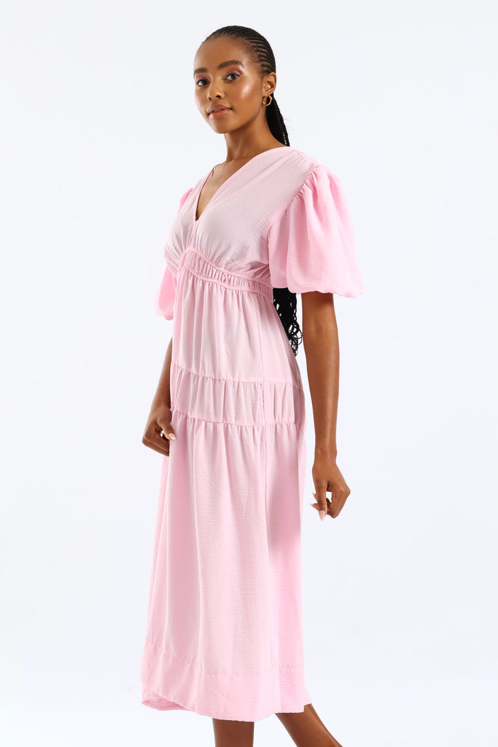 Bubble Sleeve V-Neck Tiered Midaxi Dress - Ice Pink