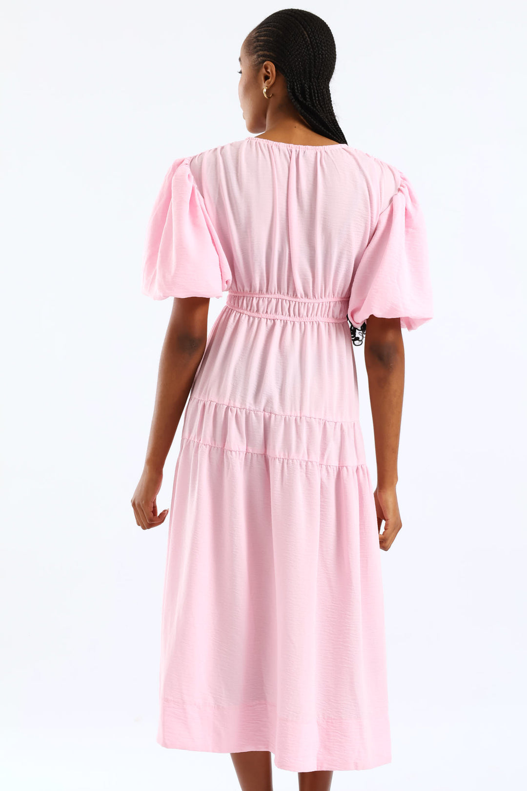 Bubble Sleeve V-Neck Tiered Midaxi Dress - Ice Pink