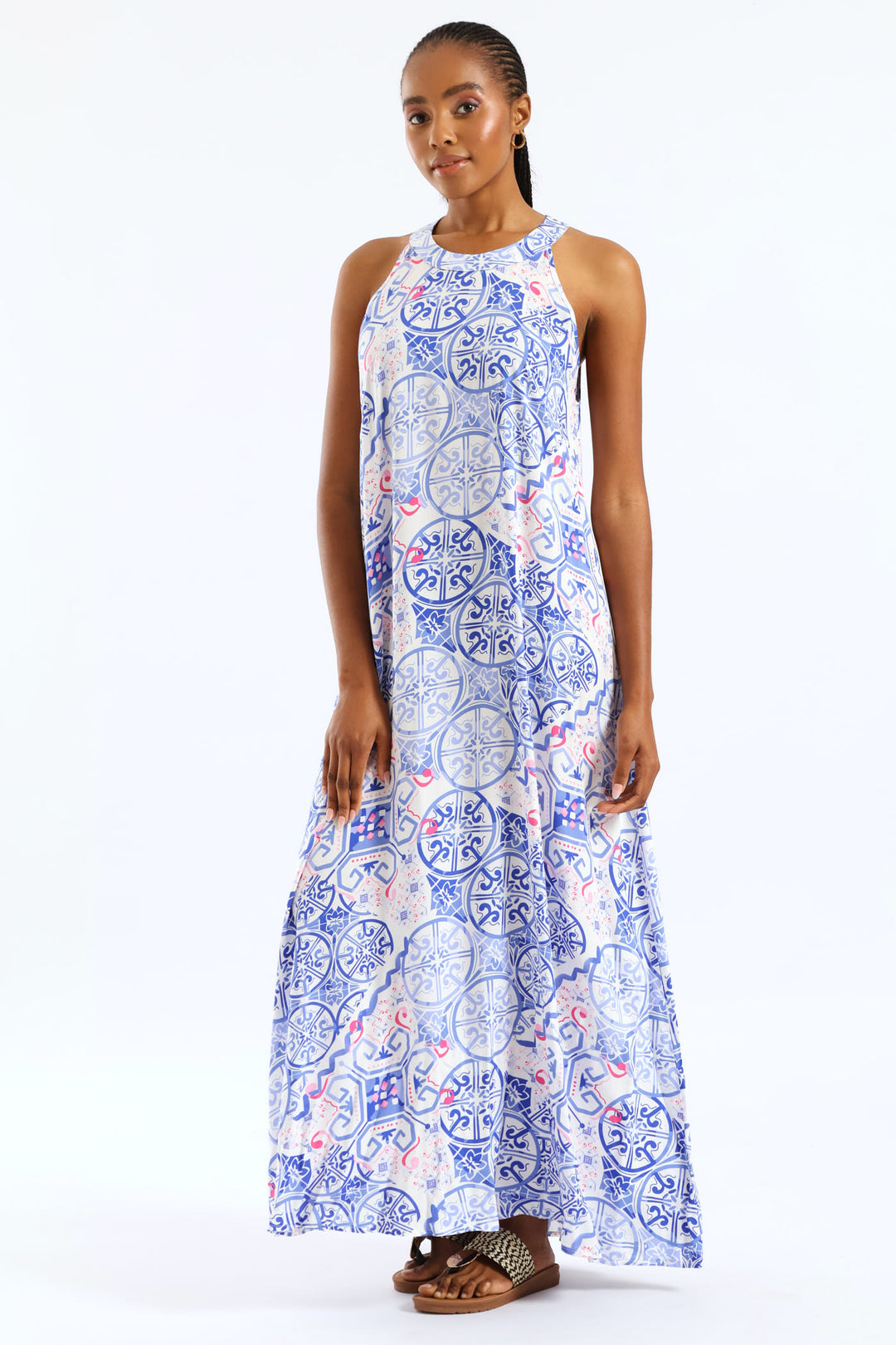 Halter Neck Maxi Dress - White/Blue