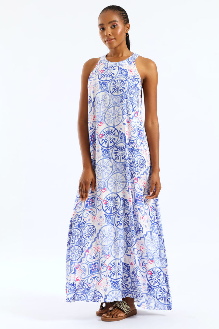 Halter Neck Maxi Dress - White/Blue