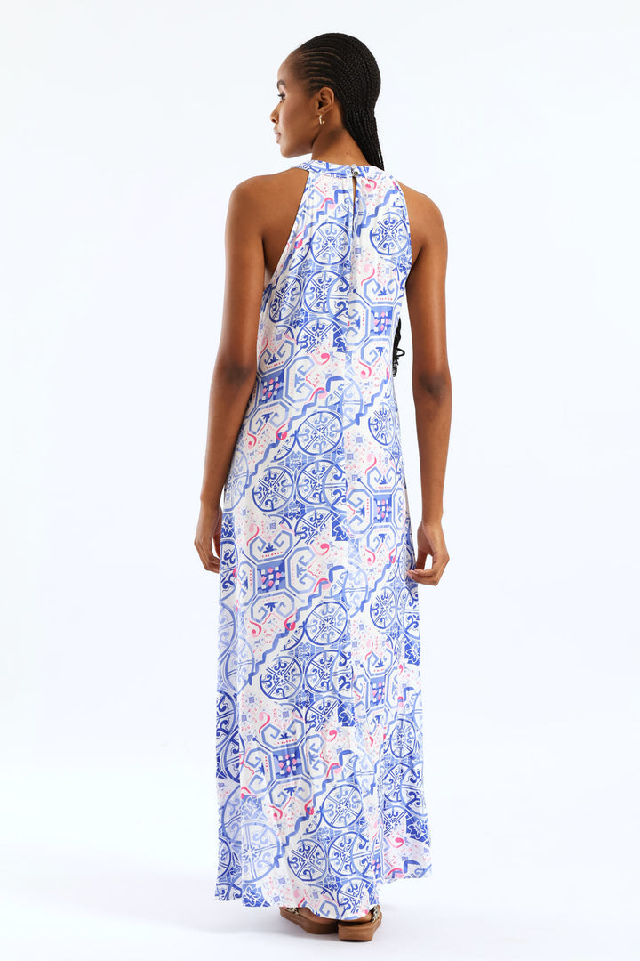 Halter Neck Maxi Dress - White/Blue