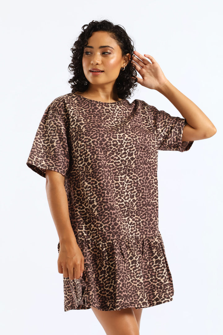 Leopard Denim Dress - Brown
