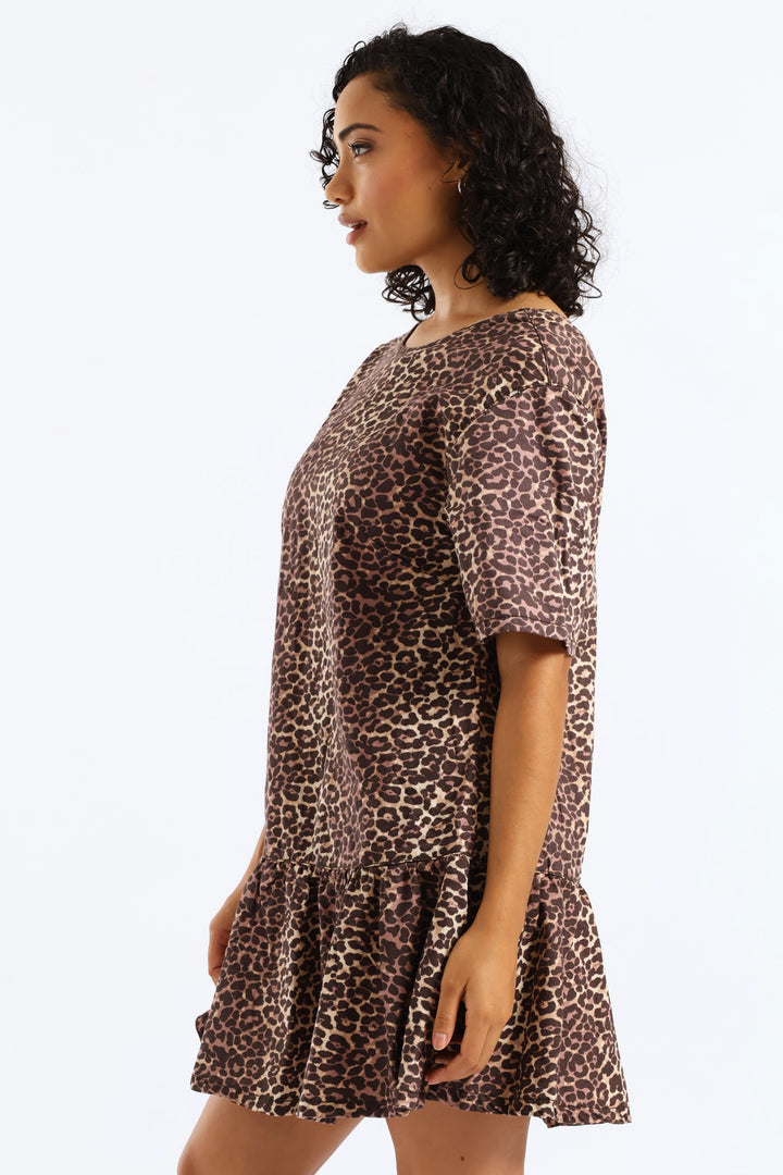 Leopard Denim Dress - Brown