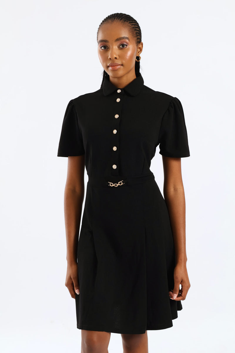 Box Pleated Preppy Dress - Black