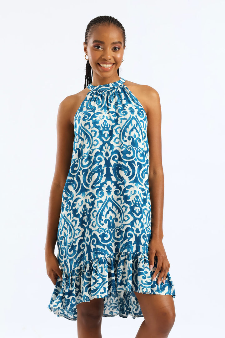 Halter Neck Frill Hem Hi-Lo Printed Mini Dress - White/Blue
