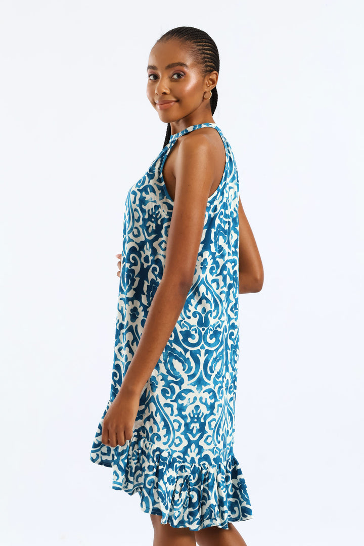 Halter Neck Frill Hem Hi-Lo Printed Mini Dress - White/Blue