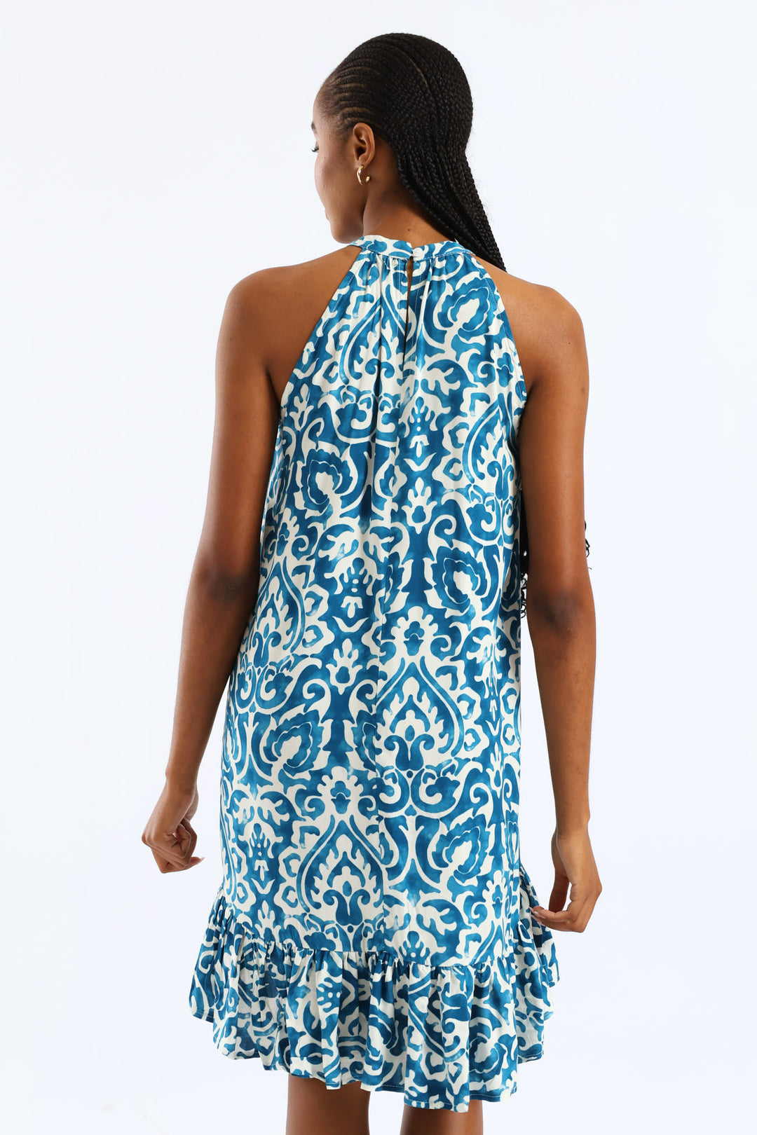 Halter Neck Frill Hem Hi-Lo Printed Mini Dress - White/Blue