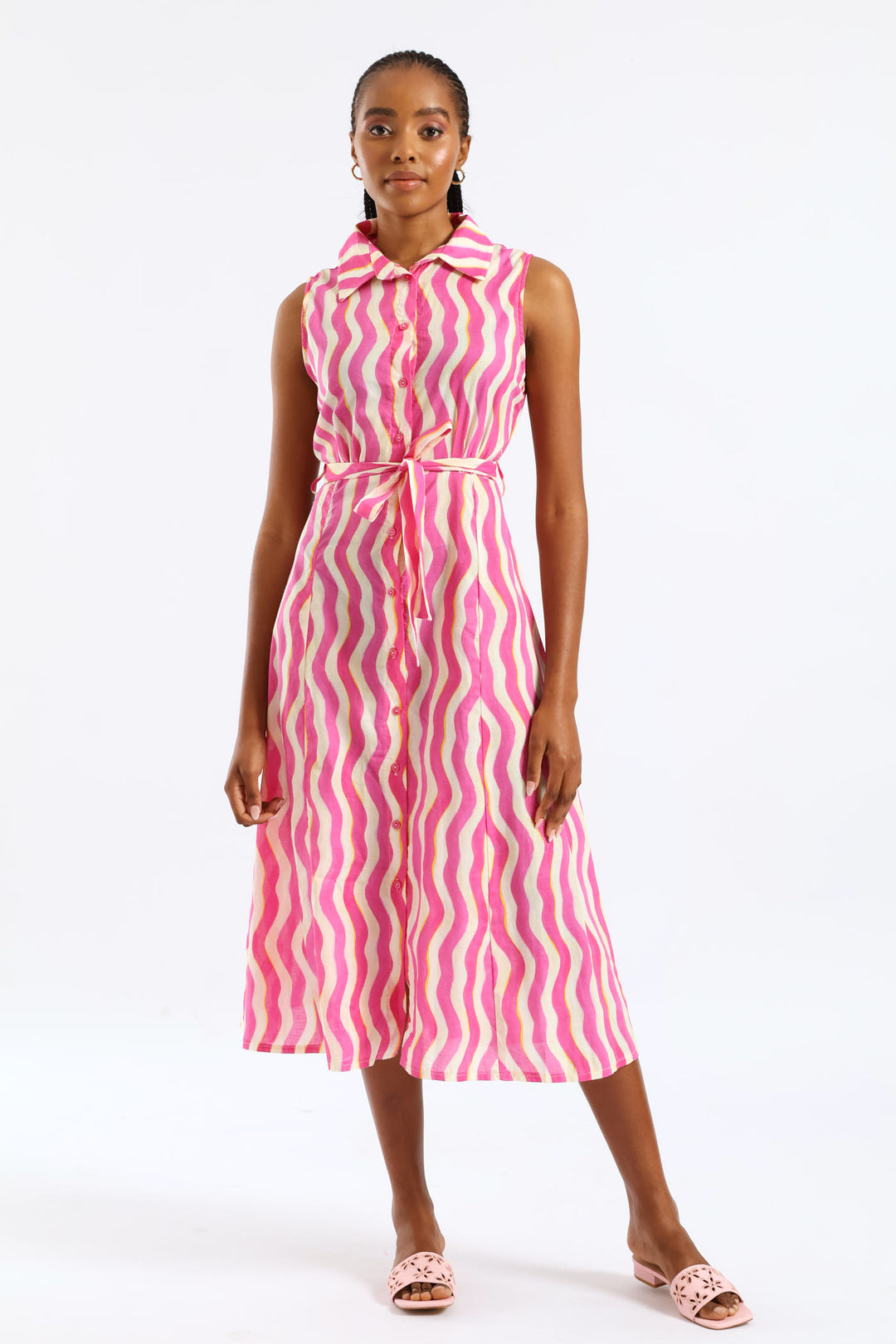 Fit & Flare Belted Midi Shirt Dress - White/Pink