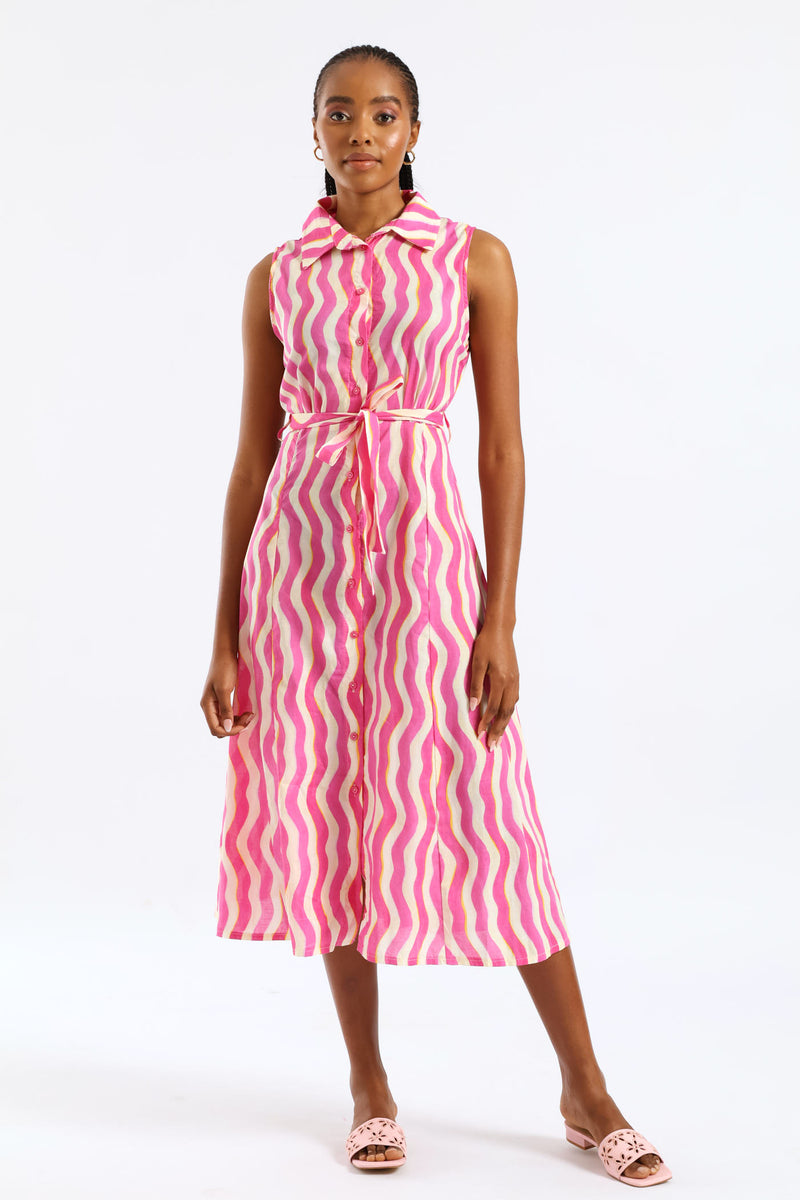 Fit & Flare Belted Midi Shirt Dress - White/Pink
