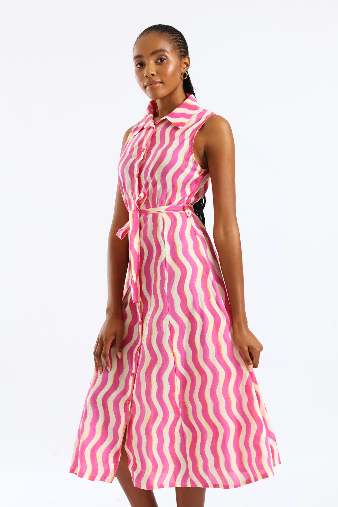 Fit & Flare Belted Midi Shirt Dress - White/Pink