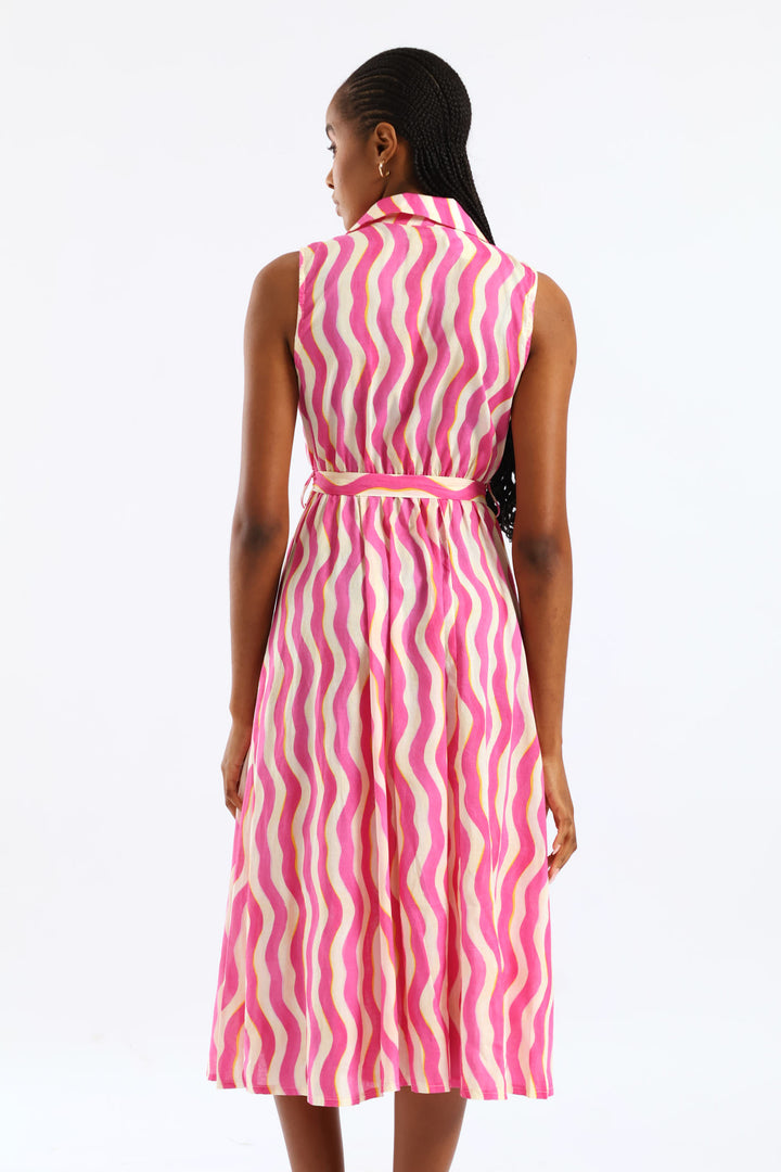 Fit & Flare Belted Midi Shirt Dress - White/Pink