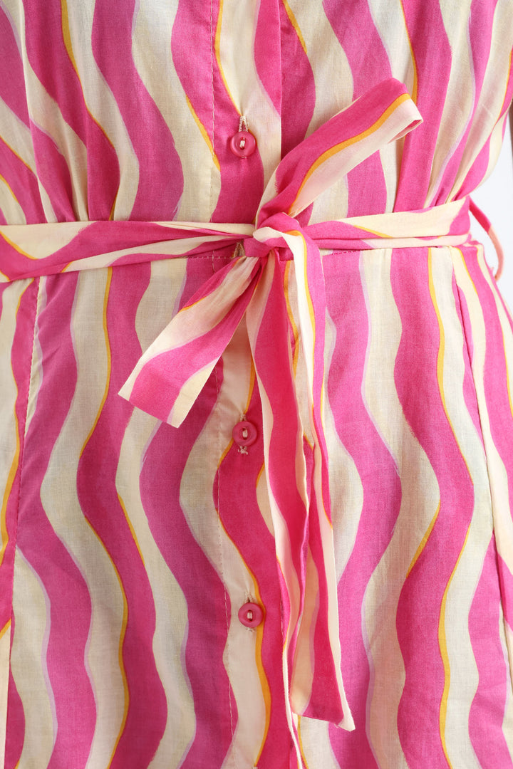 Fit & Flare Belted Midi Shirt Dress - White/Pink