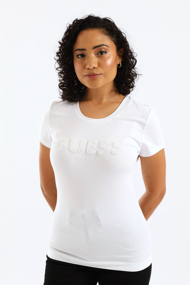 Logo String Pearl Beads Tee - White