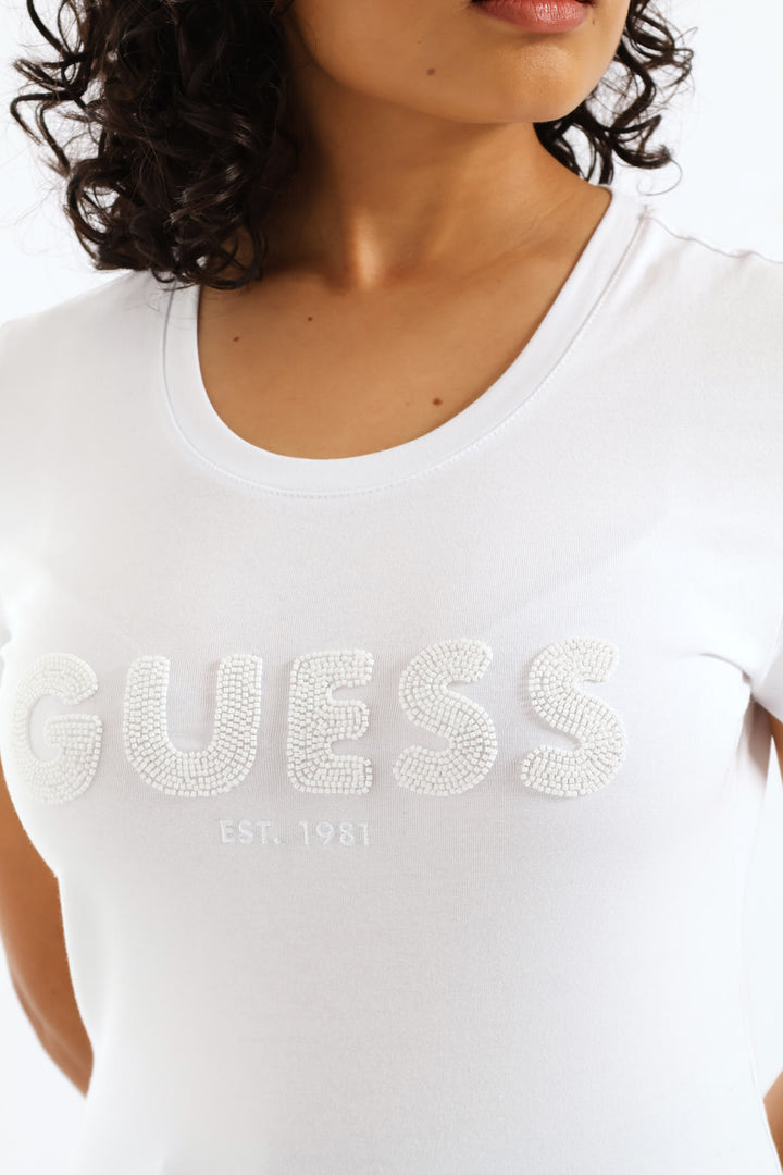 Logo String Pearl Beads Tee - White