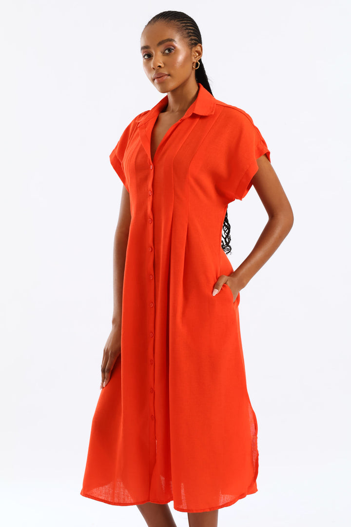 Pleated Bodice Kaftan Midi Shirt Dress - Vermilion
