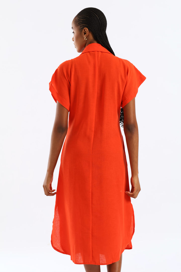 Pleated Bodice Kaftan Midi Shirt Dress - Vermilion