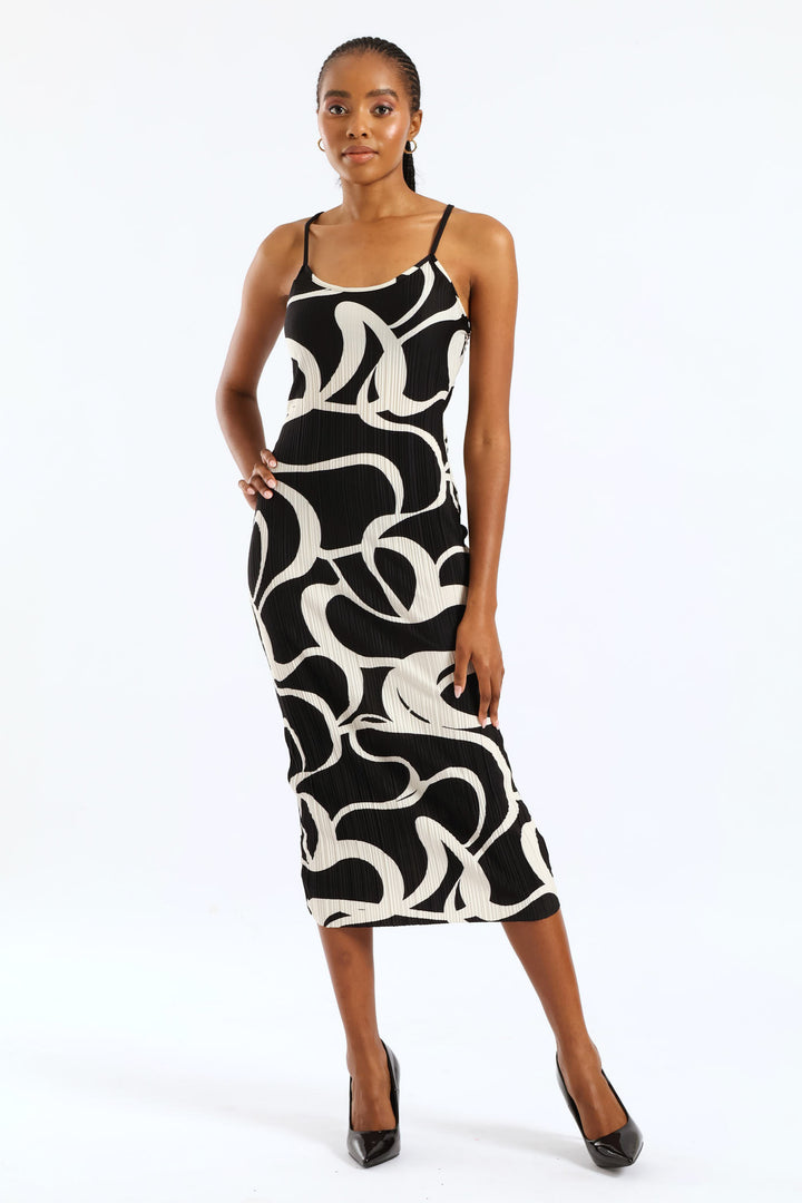 Strappy Plisse Midi Slip Dress - Black/Cream