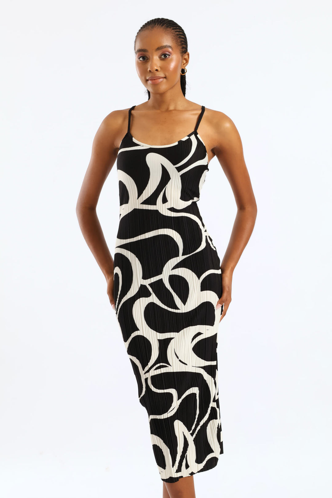 Ladies Strappy Plisse Midi Slip Dress - Black/Cream  Edgars