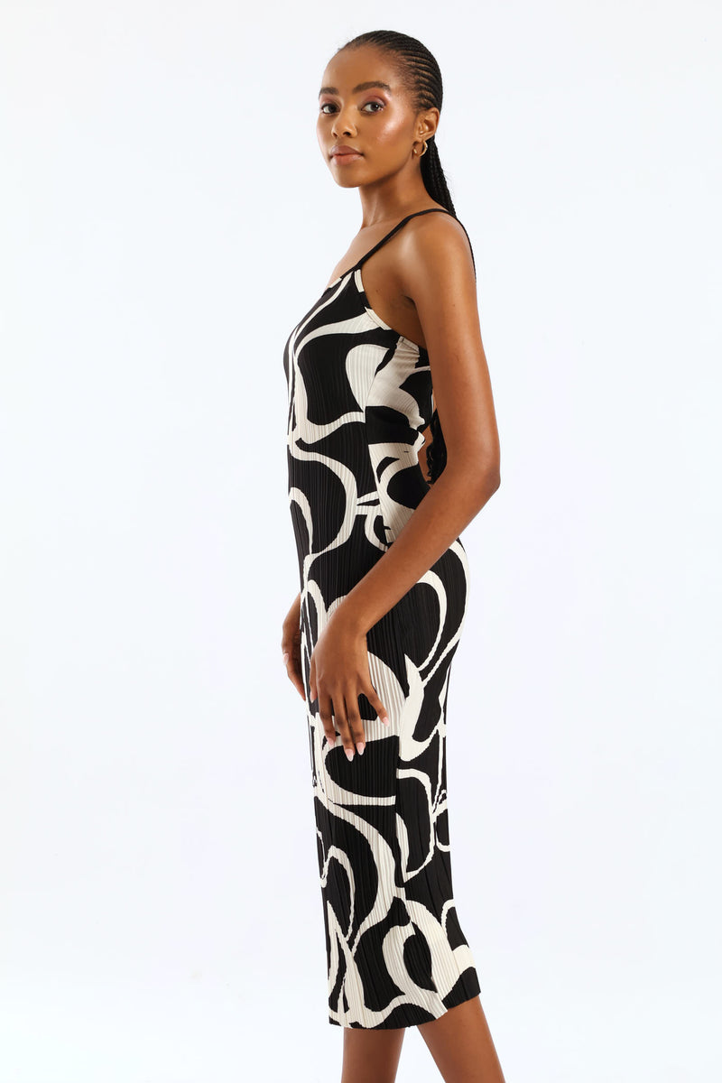 Strappy Plisse Midi Slip Dress - Black/Cream