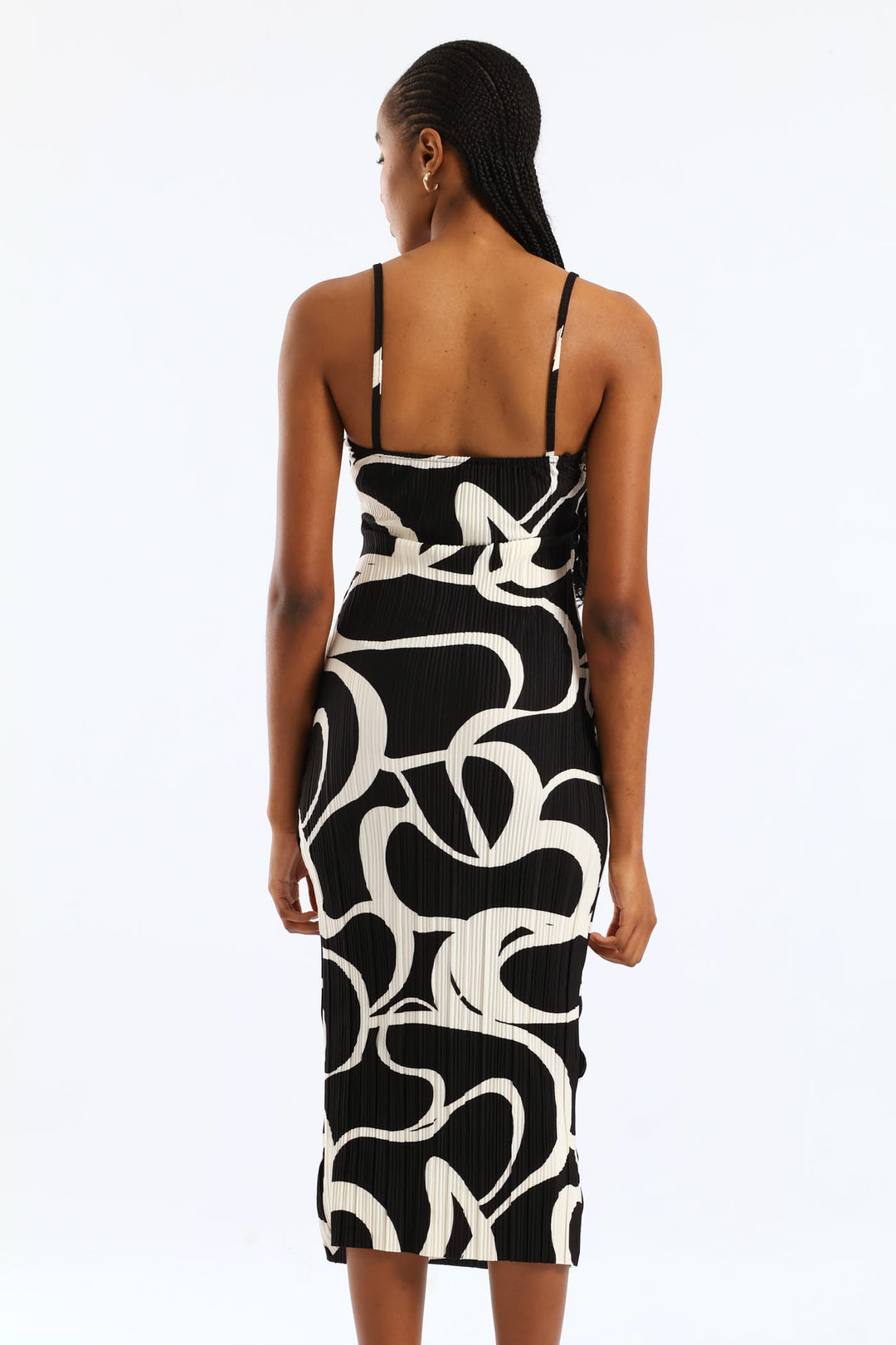 Strappy Plisse Midi Slip Dress Black/Cream