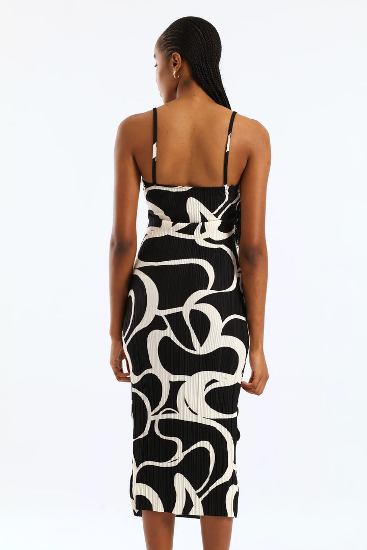 Strappy Plisse Midi Slip Dress - Black/Cream