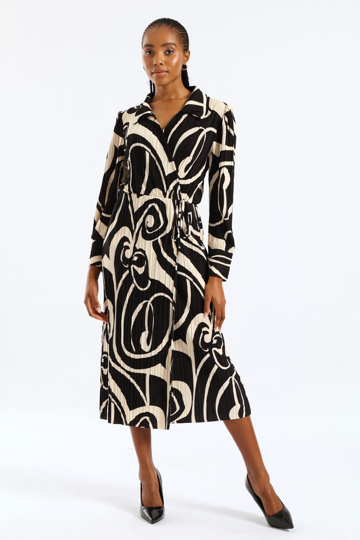 Collared Swirl Plisse Midi Dress - Black/Cream
