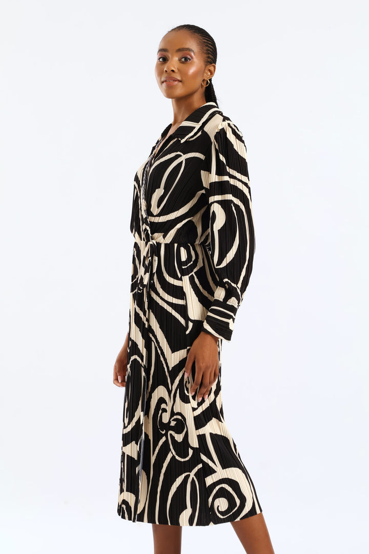 Collared Swirl Plisse Midi Dress - Black/Cream