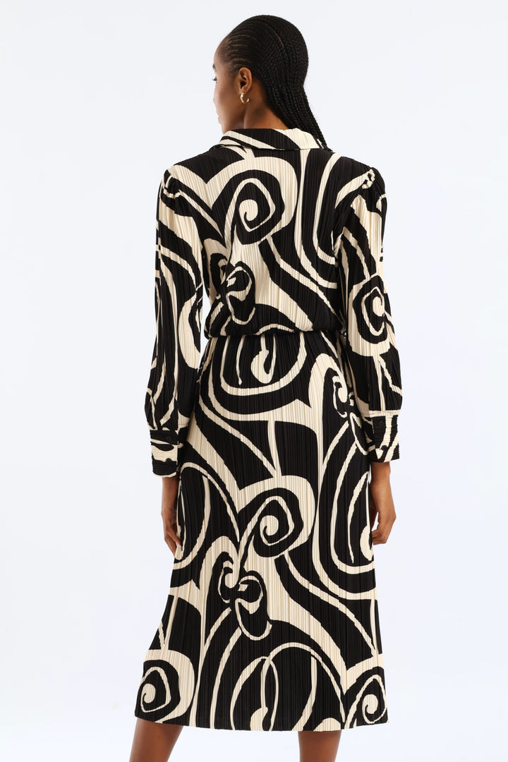 Collared Swirl Plisse Midi Dress - Black/Cream
